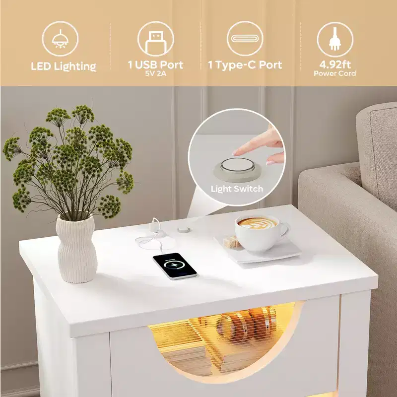 Night Stand with Charging Station, LED Modern End Table Bedside Table with Drawer for Bedroom & Living Room, Bright White