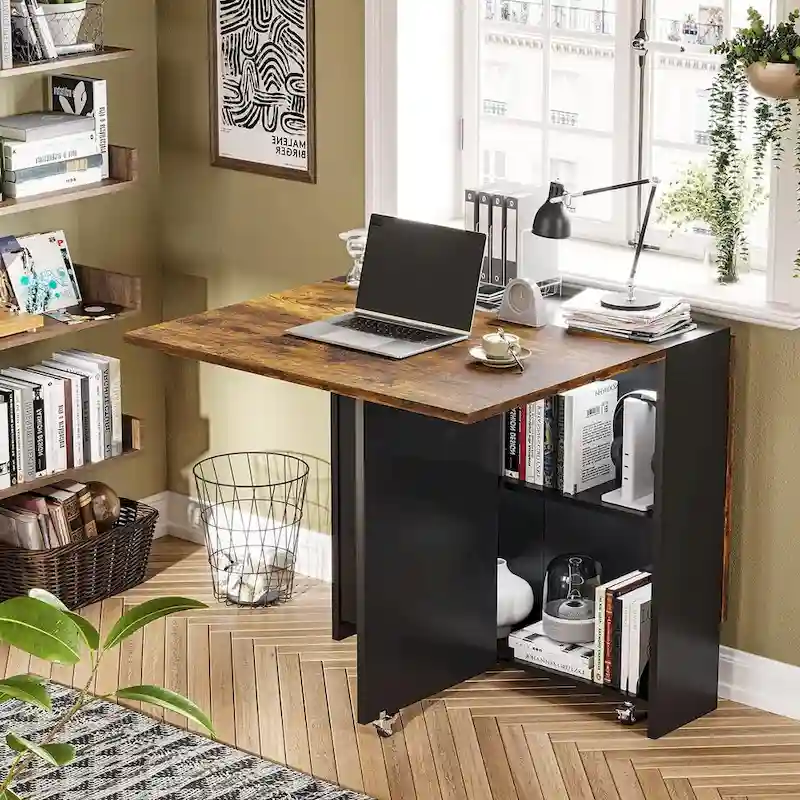 Folding Dining Table with 6 Wheels Drop Leaf Tables