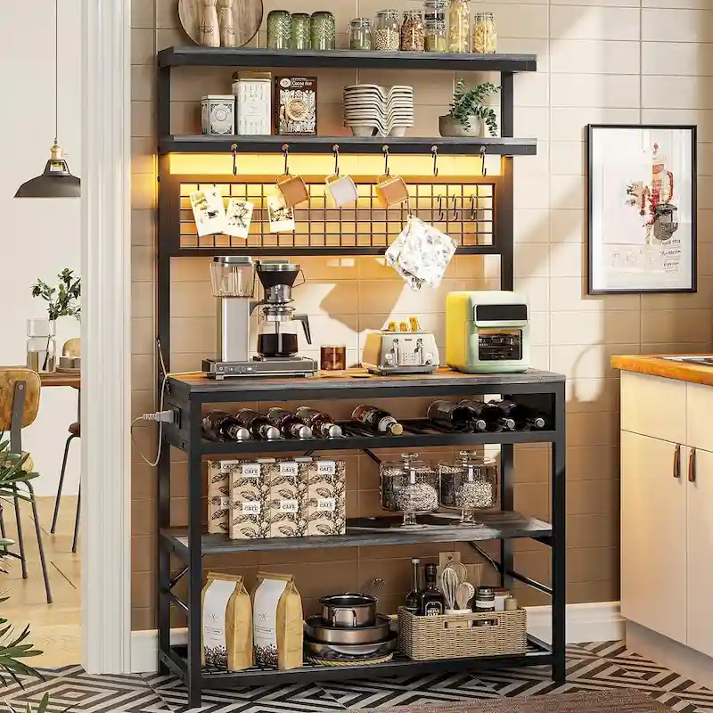 Bakers Rack with Power Outlet 6-Tier Coffee Bar Microwave Stand