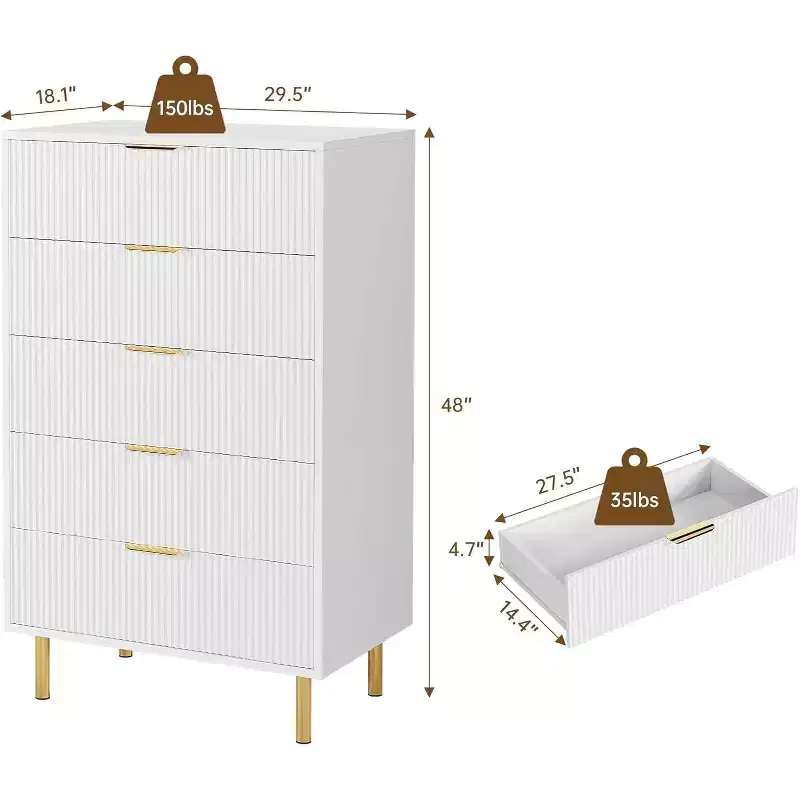 Modern 5 Drawer Dresser for Bedroom with Gold Handle and Large Drawer, Wood Double Chest of Drawers and Storage Organizer