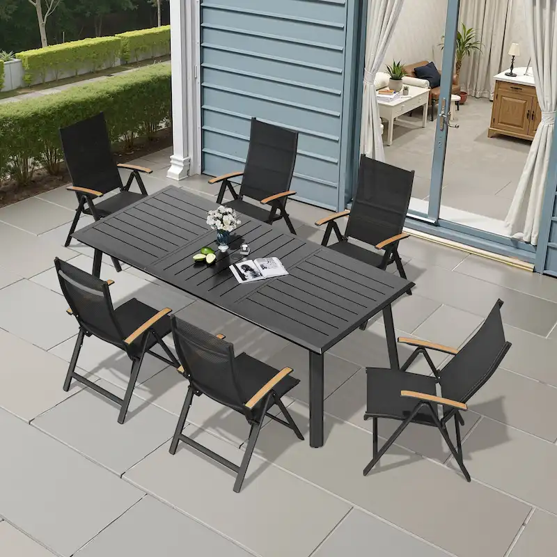 7/9PC Outdoor Patio Aluminum Dining Table with Umbrella Hole include Folding Chairs