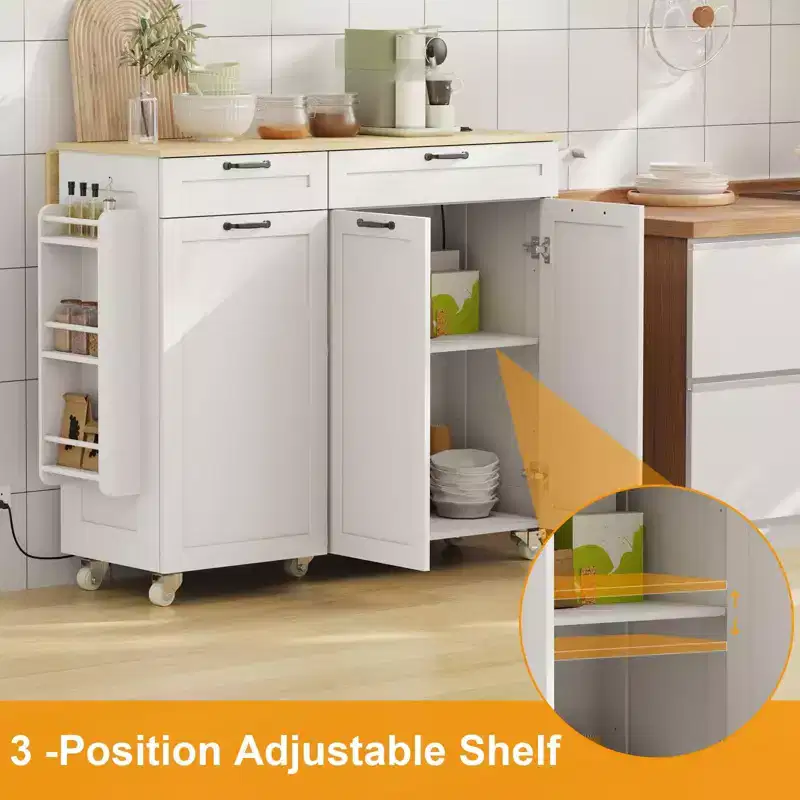 Rolling Kitchen Island with Power Outlet & Drop Leaf, Kitchen Island Cart with Trash Storage Cabinet,Rolling Island Mobile Island Table for Kitchen