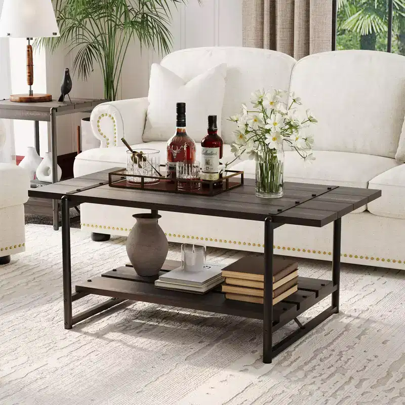 41 Rustic Farmhouse Coffee Table, Modern Minimalist Wood and Metal Living Room Table, 2 Tie Rectangle Center Table with Storage