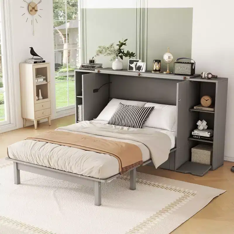 Queen/Full Murphy Bed Foldable into Cabinet, Wooden Platform Bedframe with Shelves, Drawers