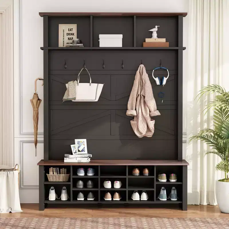 Farmhouse Hall Tree with 6 Hooks, Walnut Entryway Bench Shoe Organizer with Adjustable Shelves and 16 Open Compartments