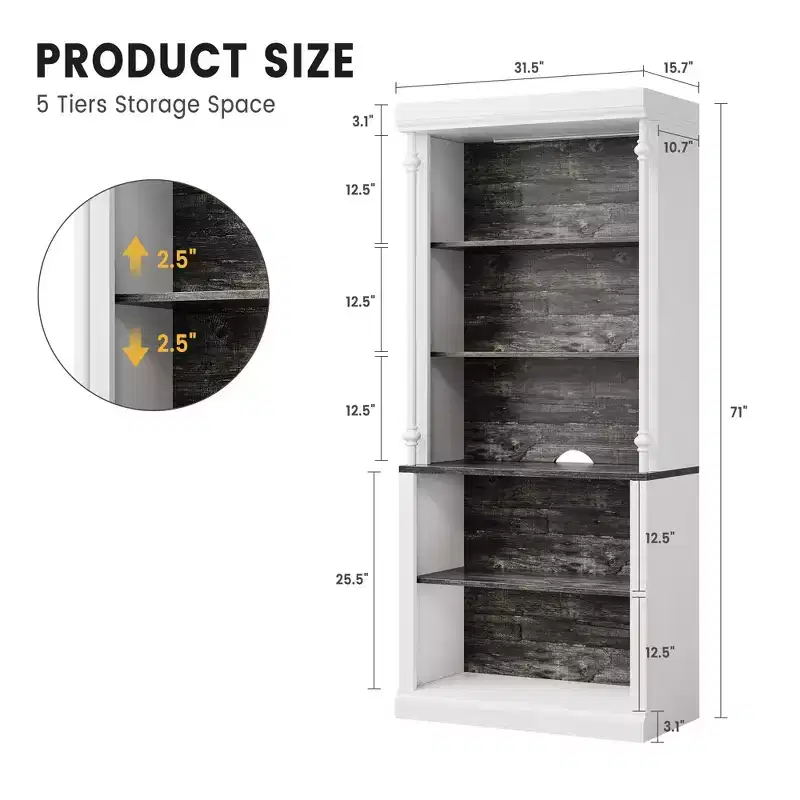 Bookshelf, 71 Inch 5-Tier Bookcase with Open Storage & 4 LED Lights - Roman Column Shelves for Home Office White