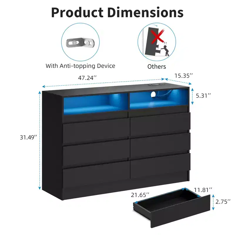 Modern 6-Drawer Dresser with Charging Station, LED Lights & Power Outlet, Chest of Drawers Organizer for Bedroom, Living Room, Entryway