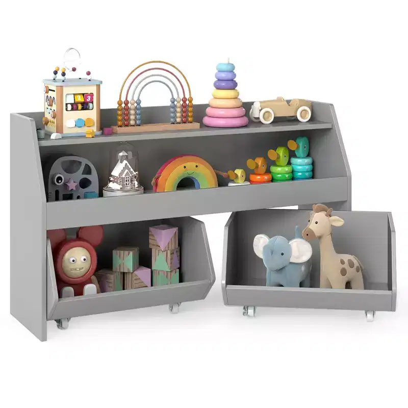 Costway Kids Toy Storage Organizer with 2 Movable Drawers Open Shelf Compartment for Kids Gray/White