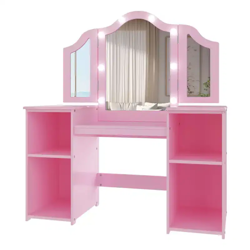 Kids Vanity Table and Chair Set, Princess Makeup Table and Chair Set, Detachable Tri-Folding Mirror, Wooden Kid Makeup Dressing Table, for Bedroom