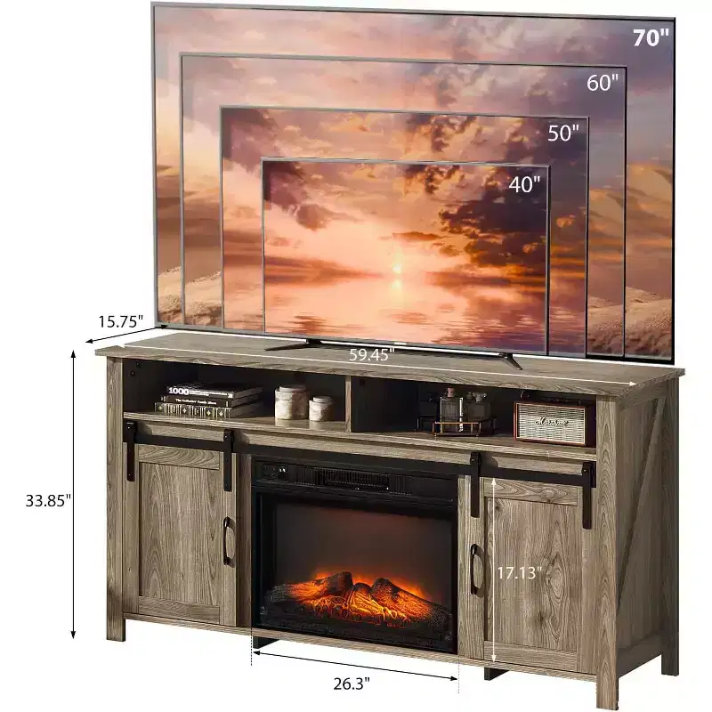 Farmhouse TV Stand with Sliding Barn Door and Electric Fireplace for 70
