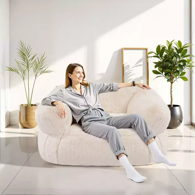 Bean Bag Sofa Chair with Armrests for Adults – Fluffy Plush & High-Density Foam Filling, Beige