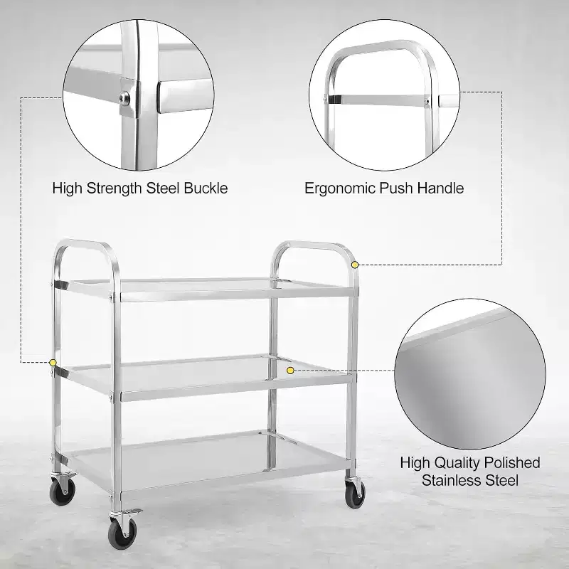 3 Tier Stainless Steel Utility Cart, 330 Lbs Kitchen Trolley with Wheels, Catering Storage Cart