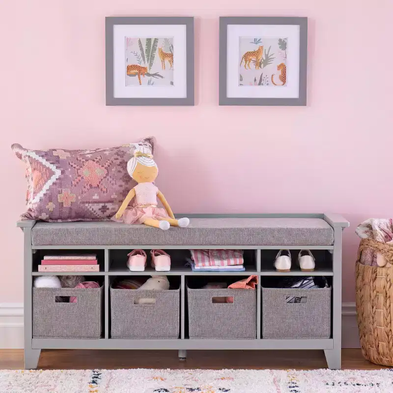 Kids' Storage Bench Children's Wooden Playroom Bookshelf Reading Nook and Toy Organizer with Fabric Bin