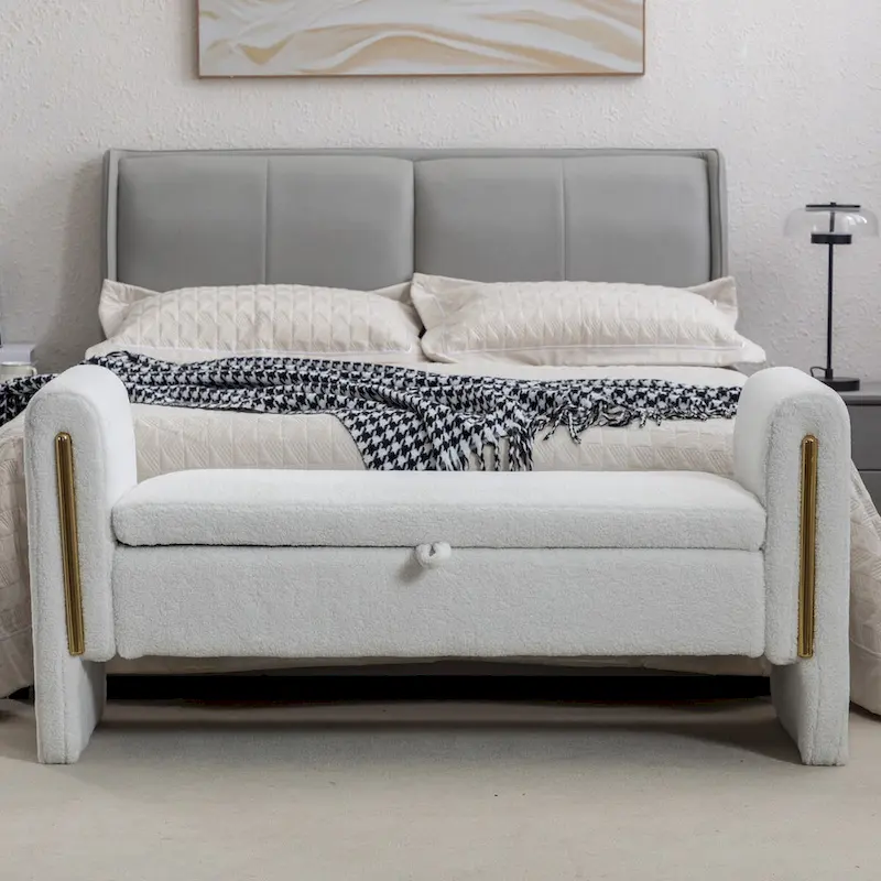 Teddy Fabric Storage Bench Bedroom Bench With Gold Metal Trim Strip For Living Room Bedroom Indoor