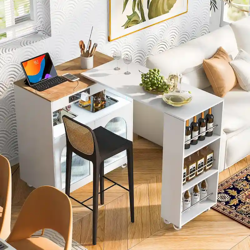 LED Lights Kitchen Island Cart With Extended Table and Power Outlets