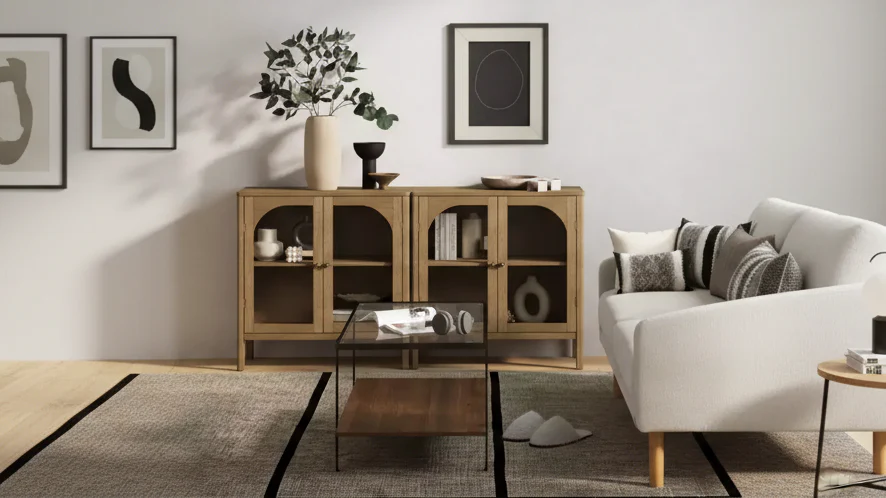Console Cabinet with Curved Tempered Glass Doors & Brass Handles, Brown, 31.1