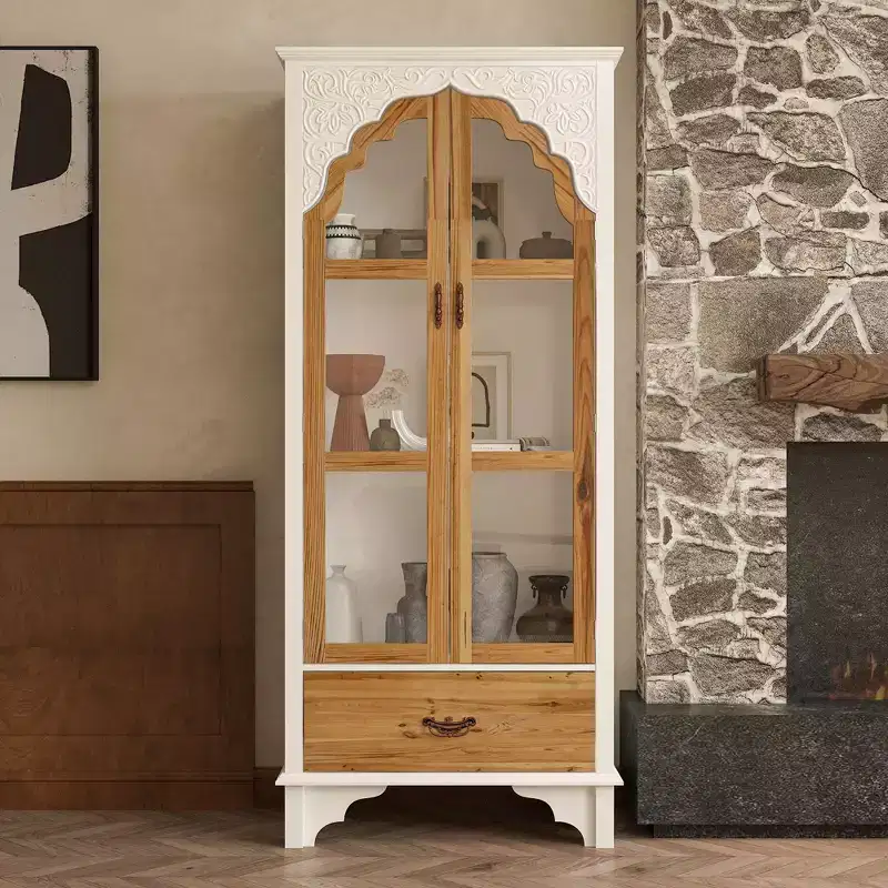 Famapy White Vertical Storage Cabinet Embossed Patterned Arched Glass Doors Bookshelves Display Cabinet Pantry Side Cabinet