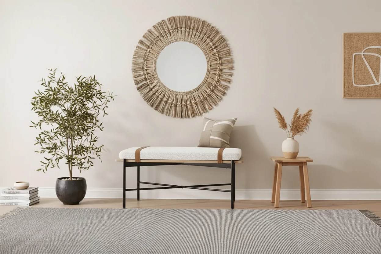 Entryway Bench – Removable Boucle Cushion, Vegan Leather Straps, Curved Edge