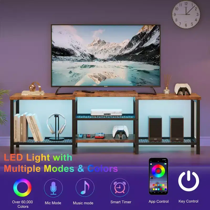 TV Stand with LED Lights for TVs Up to 75 Inch, 67 Inch Entertainment Center with Power Outlets, Console Table for Living Room