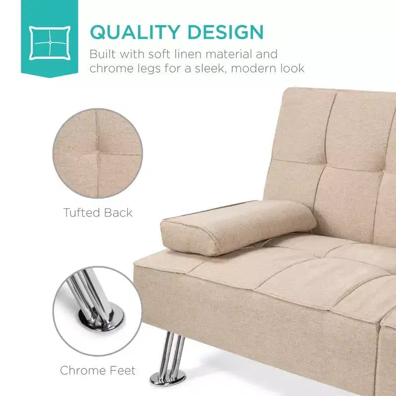 Best Choice Products Modern Linen Convertible Futon Sofa Bed w/ Removable Armrests, Metal Legs, Cupholders