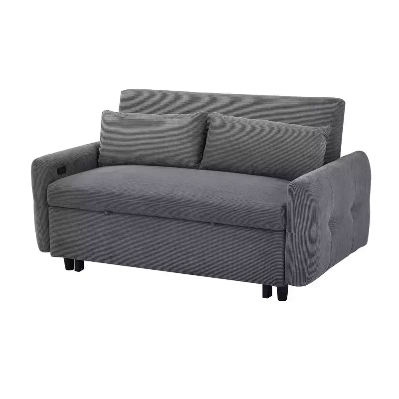57.48 Pull-out Sofa Bed Convertible Couch 2 Seat Loveseat Sofa Modern Sleeper Sofa with Two Throw Pillows and USB Ports, Beige