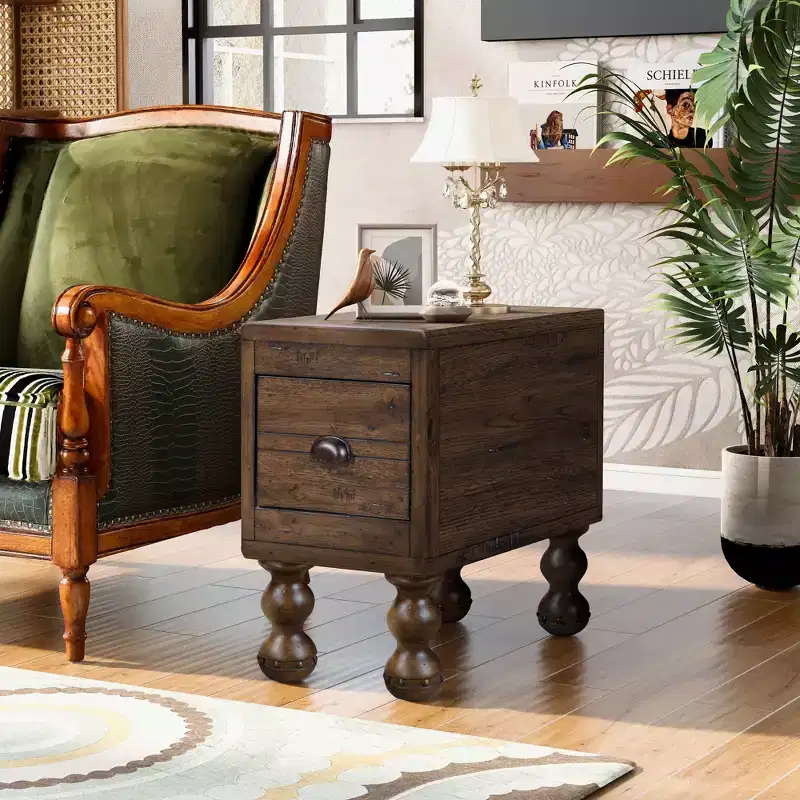 Vintage Rectangle End Table with Drawer, End Table with Wooden Legs and Surface, Narrow Side Table for Small Space, Living Room