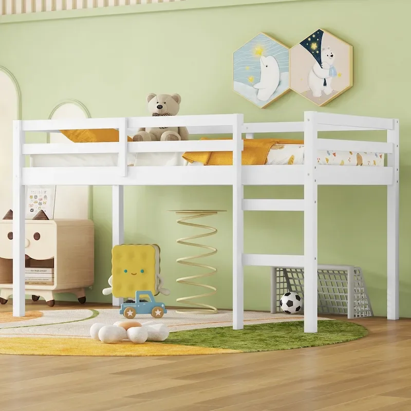Rubber Wood & Plywood Twin Loft Bed with Ladder, Reinforced Slat Platform
