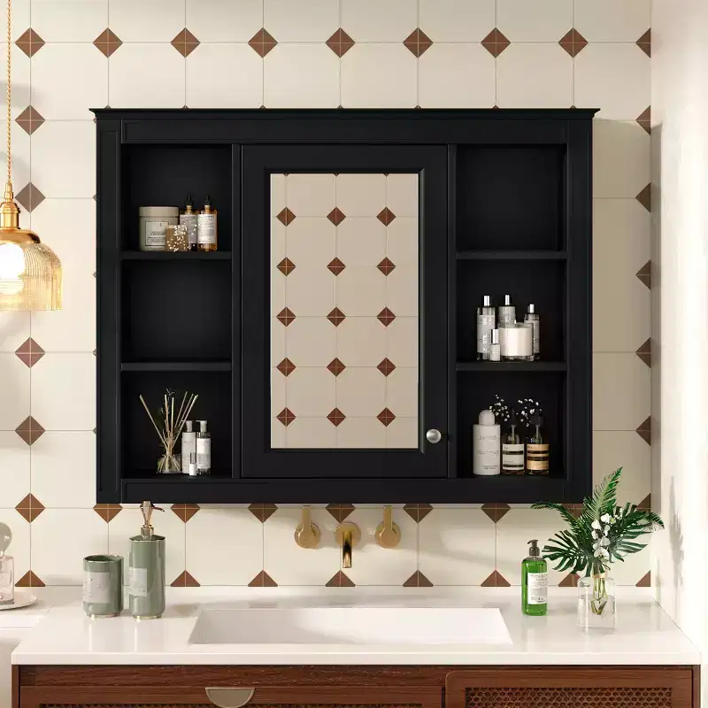 Wall Mounted Bathroom Cabinet with Mirror & 6 Open Shelves, MDF, Space-Saving