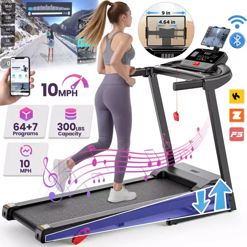 3HP 300lb Capacity Treadmill w/ 64+3+4 Program,3 Adjustable Incline,Folding Treadmill for Home Running & Jogging, 10MPH Speed,HiFi Bluetooth Speakers
