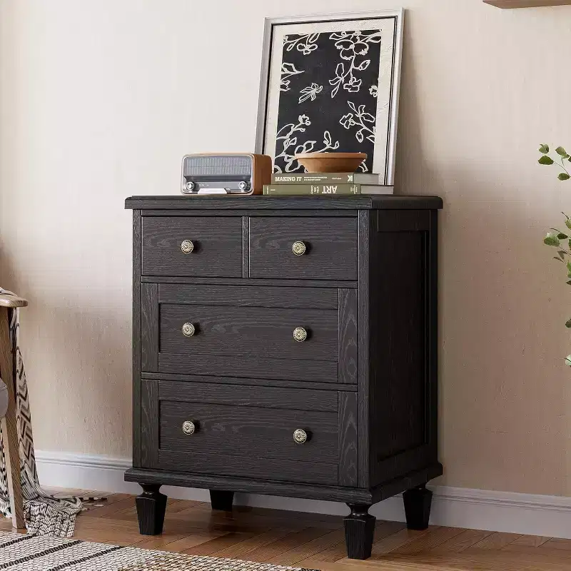 4 Drawer Vintage Wood Dresser, Carved Handles & Tapered Legs, Large Storage Bedroom, Light Brown