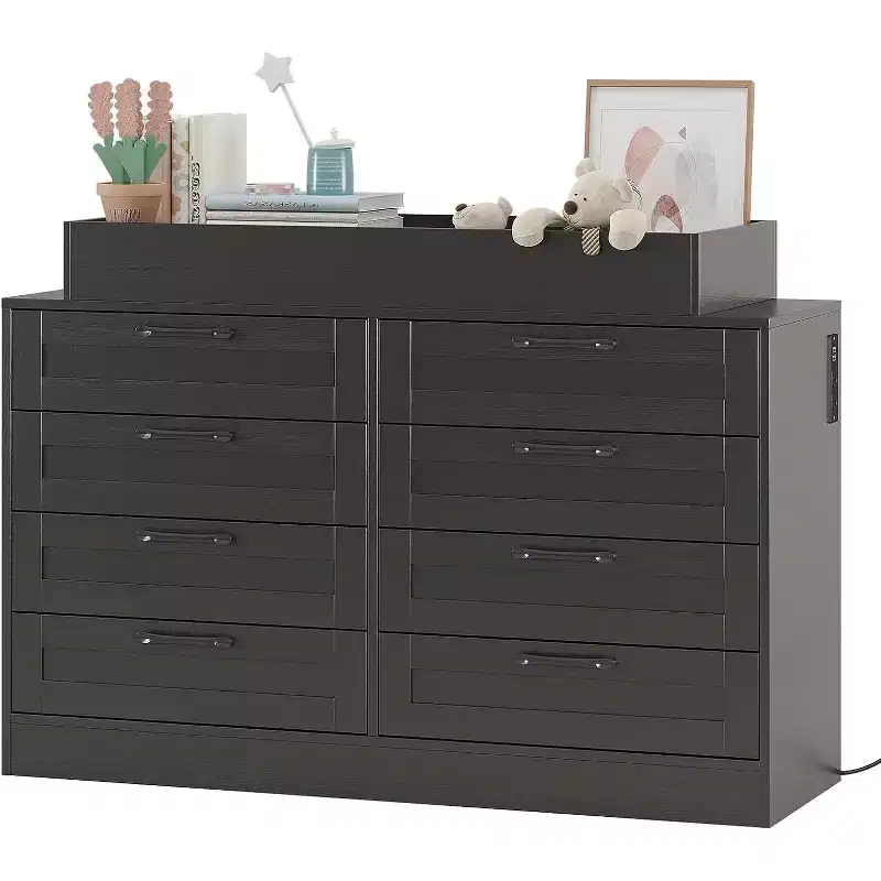 Nursery Dresser with Changing Table Top,Modern Baby Dresser with 8 Wood Drawers,Multi-Drawer Storage Diaper Changing Station with Safety Shelf Top