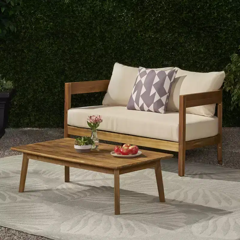 GDFStudio Burrough Outdoor Acacia Wood Loveseat and Coffee Table Set with Cushions