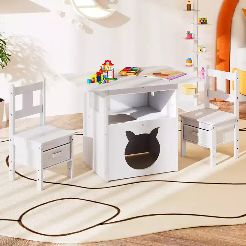 Costway 3 PCS Kids Table and Chairs Set Furniture w/Cat House Hole & Window 2 Chairs