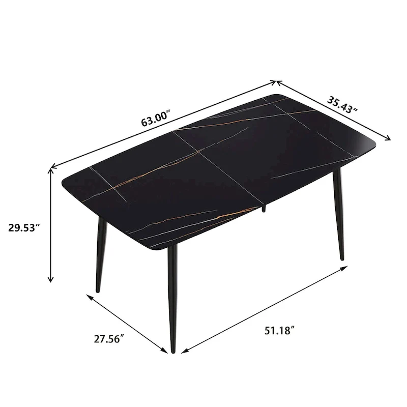 63-Inch Dining Table with Sintered Stone Tabletop and Metal Base