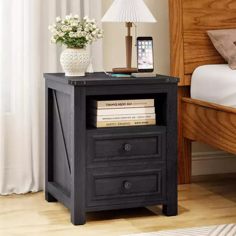 Dyonery Farmhouse Nightstand with Charging Station 18 Rustic End Table