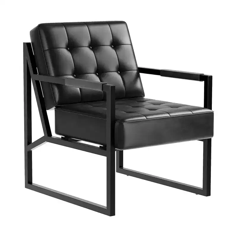 PU Leather Mid-Century Modern Accent Chair with Thick Cushion & Metal Legs, for Living Room/Bedroom/Office, Black, Single/2-Pack