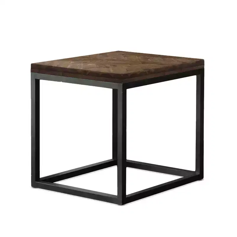 Square End Table with Acacia Herringbone Top & Vintage Nickel Metal Base, 24