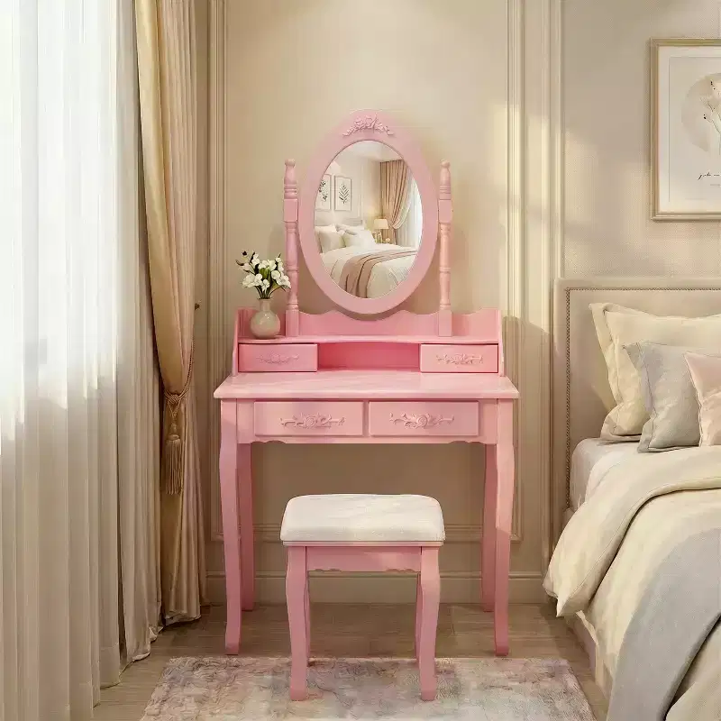 Modern Makeup Vanity Desk with Mirror, 4 Drawers, Matching Stool for Girls' Rooms, Pink Finish, Space-Saving Design