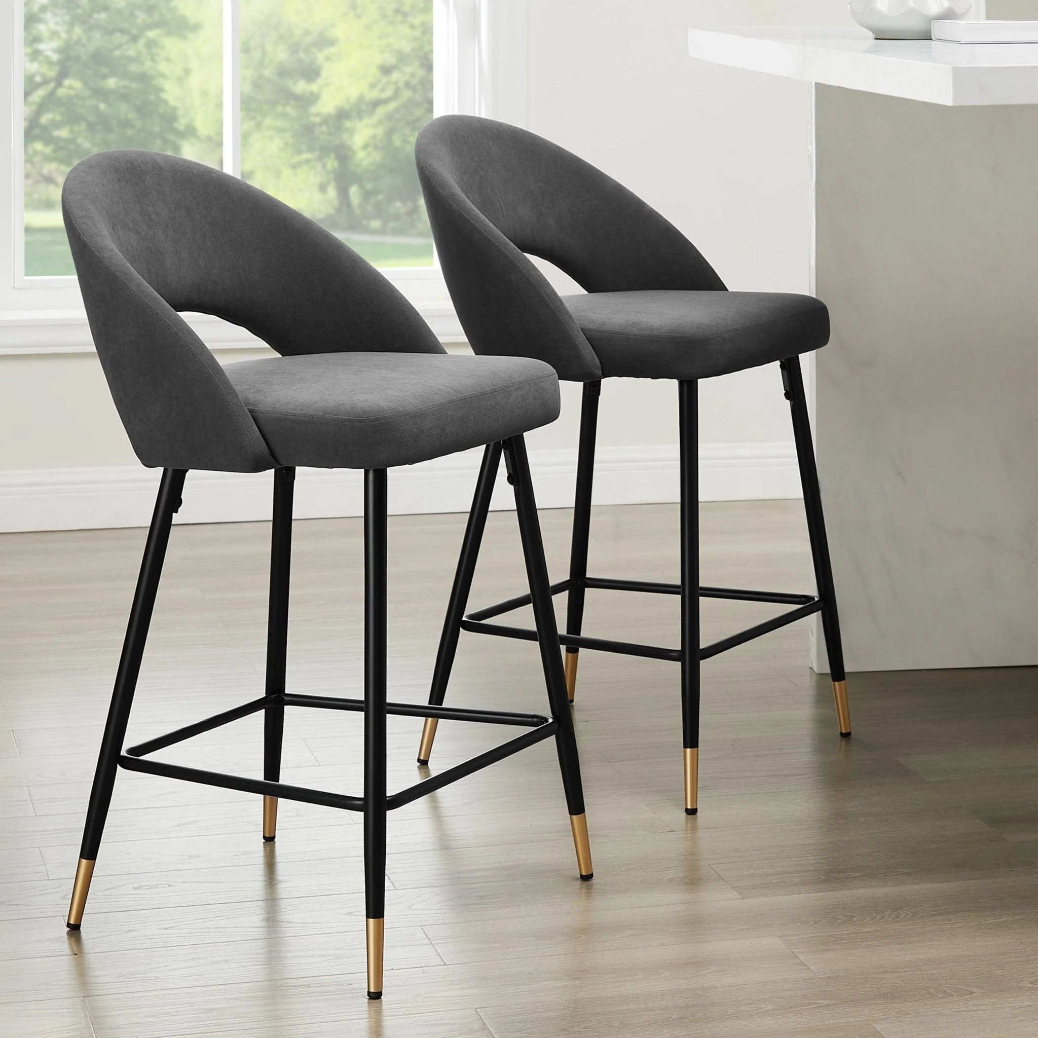 Luxe Grey Matte Velvet Barstool with Half-Moon Design for Kitchen