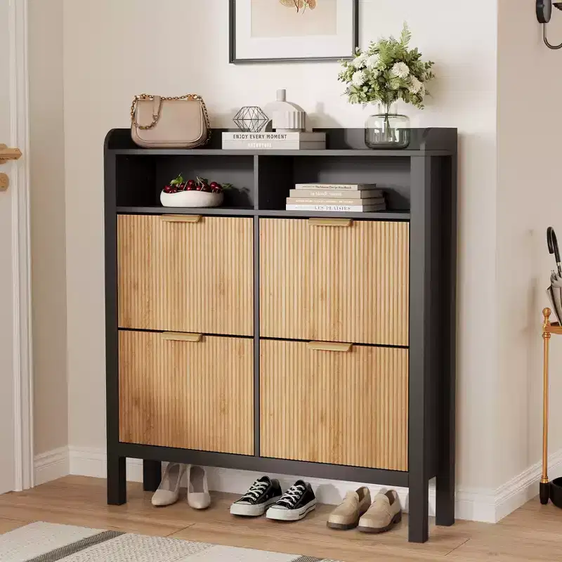 Shoe Storage Cabinet with 4 Flip Drawers, Freestanding Hidden Shoe Rack Organizer, Slim Fluted Shoe Organizer Cabinet for Living Room Bedroom Hallway