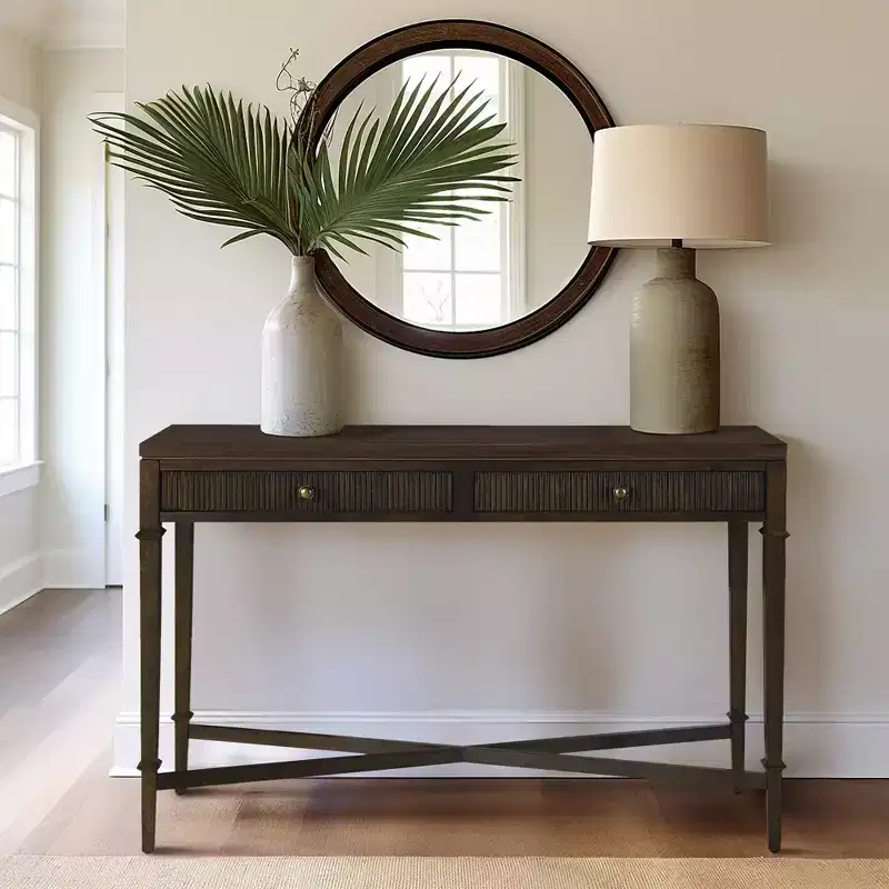 Martha Stewart Kenna Fluted 2 Drawer Storage Console Table Brown: Traditional Style, Wood Legs, 85lb Capacity