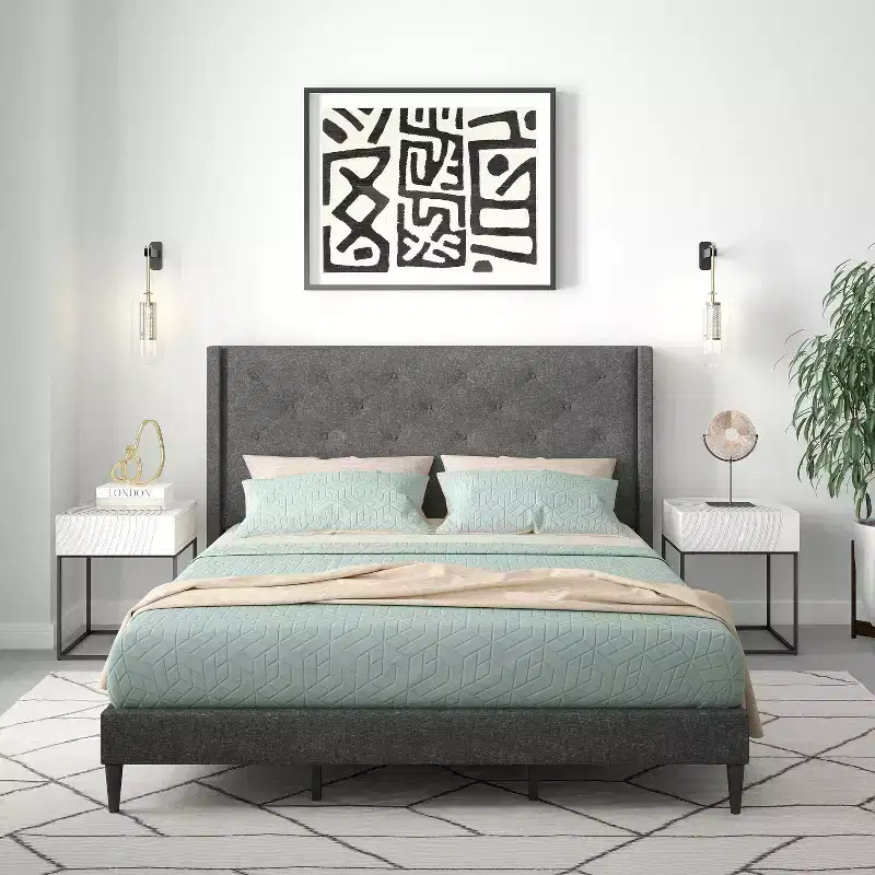 Button-Tufted Wingback Platform Bed Frame No Box Spring Needed Easy Assembly