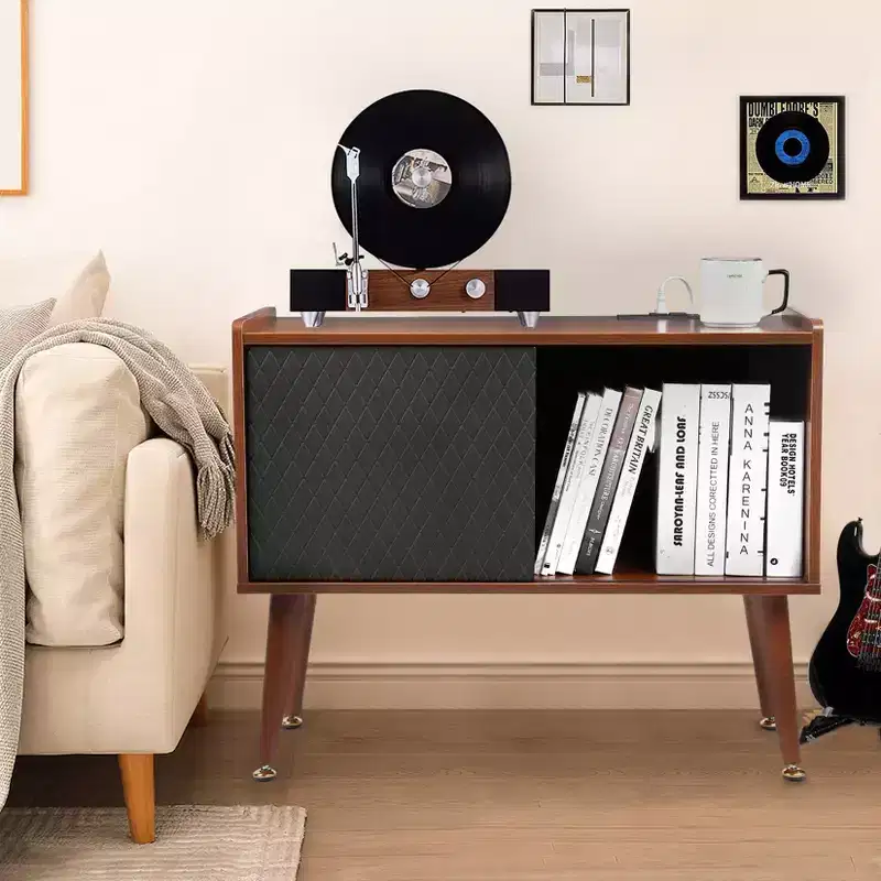 Record Player Stand with Charging Station and USB Ports - Holds Up to 300 Albums, Large Vinyl Record Storage Cabinet, Turntable Stand, End Table