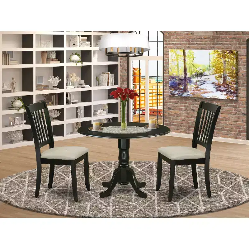 HomeStock Round Dropleaf Dining Set Black Linen Fabric Chairs