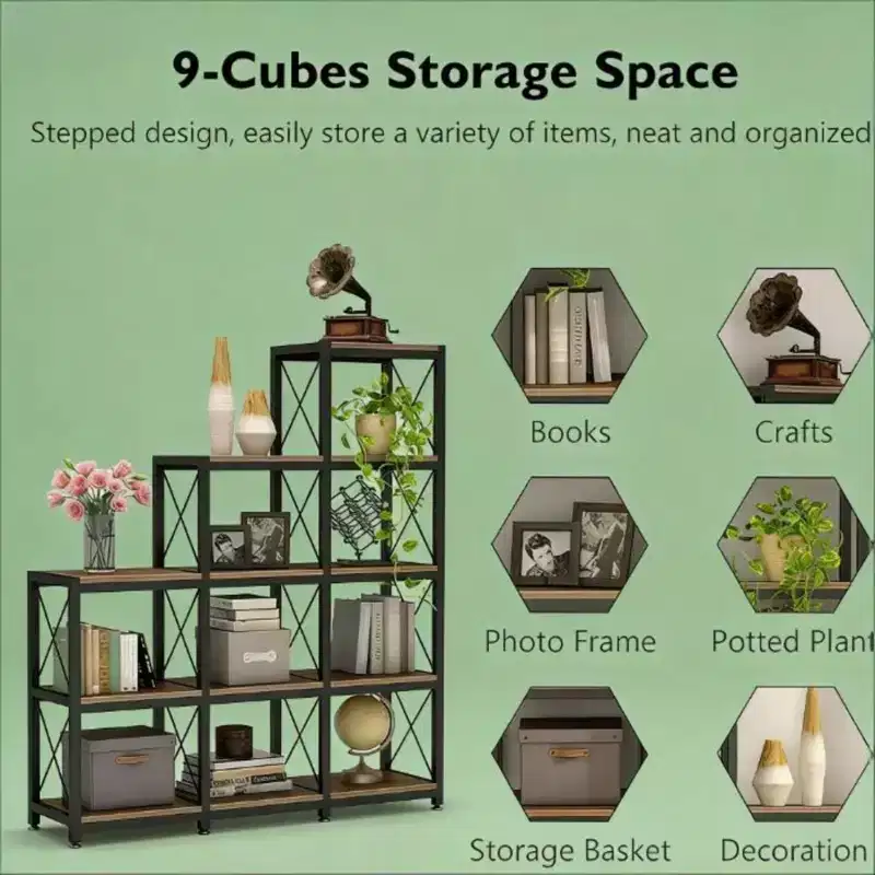 Corner Ladder Bookshelf 9 Cube L Shaped Etagere Metal Wood Display Shelf for Living Room Office, Black