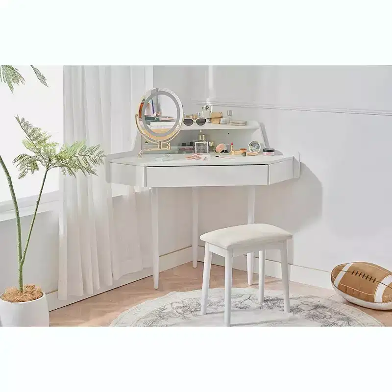 Corner Vanity Desk for Bedroomwith Adjustable Brightness Mirror, Open Storage Shelves, and Space-Saving Design for Bedroom Use