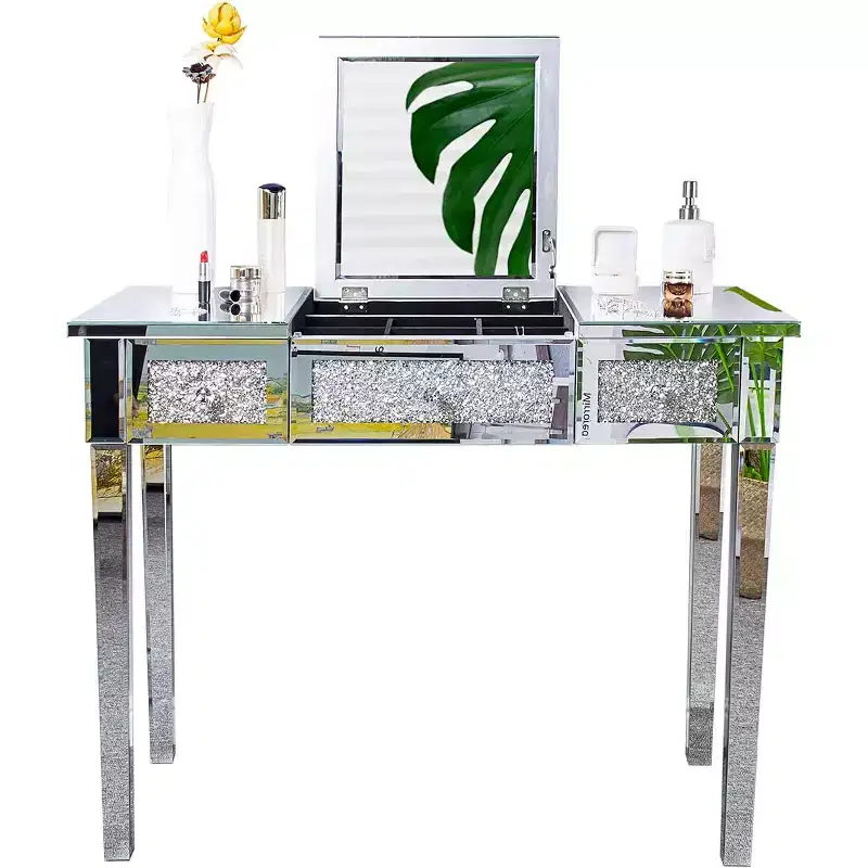 VINGLI Mirrored Vanity Desk With Drawers and Flip Mirror, Glass Table, Silver Makeup Desk for Bedroom/Makeup Room