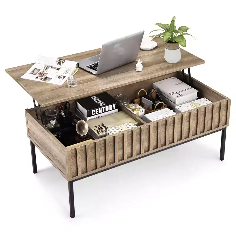Wooden Lift Top Coffee Table with Hidden Storage Compartment, Teak Finish