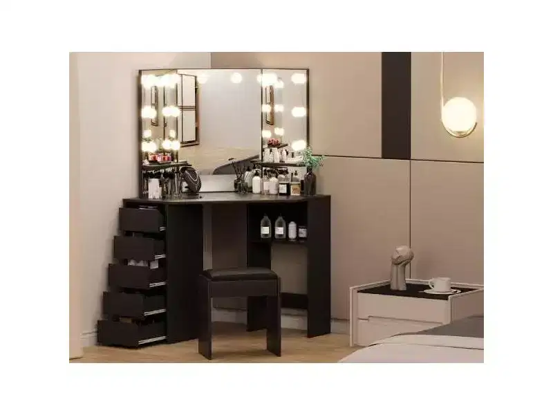 Corner Dressing Table with Mirror and Light, 3 Lighting/Brightness Adjustable, Dressing Table Set with 5 Sliding Drawers/Shelf/Dressing Stool, Black