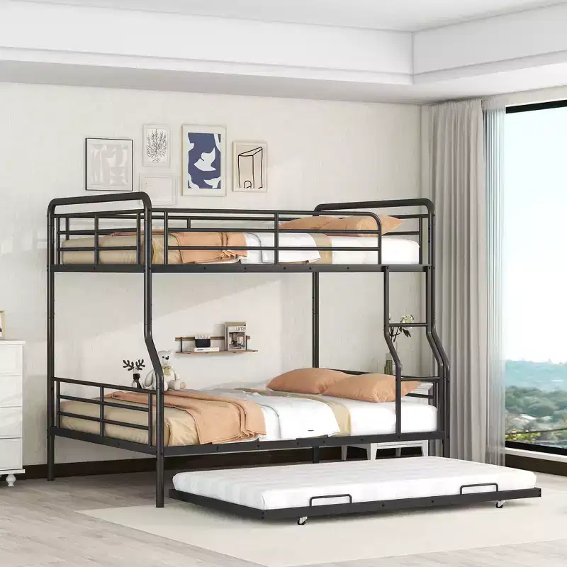 Full XL over Queen Metal Bunk Bed with Trundle, Convertible into 2 Separate Beds, Heavy-Duty Iron Bed Frame for Kids Teens